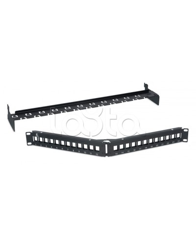 Патч-панель угловая модульная 19, 1U, 24 порта RJ-45, для неэкранированных модулей, с задним кабельным организатором (без модулей) Cabeus PLB-24-CON в Балашихе Патч панель Pintop.ru