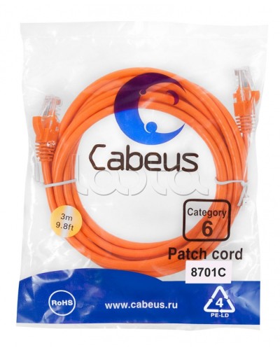 Патч-корд UTP, категория 6, 3 м, неэкранированный, оранжевый Cabeus PC-UTP-RJ45-Cat.6-3m-OR в Балашихе Патчкорды (медные) Pintop.ru