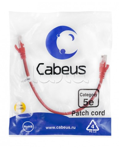 Патч-корд UTP, категория 5e, 0.3 м, неэкранированный, красный Cabeus PC-UTP-RJ45-Cat.5e-0.3m-RD в Балашихе Патчкорды (медные) Pintop.ru