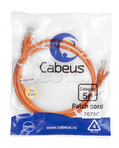 Патч-корд UTP, категория 5e, 1 м, неэкранированный, оранжевый Cabeus PC-UTP-RJ45-Cat.5e-1m-OR в Балашихе Патчкорды (медные) Pintop.ru