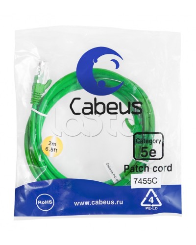 Патч-корд UTP, категория 5е, 2 м, неэкранированный, зеленый Cabeus PC-UTP-RJ45-Cat.5e-2m-GN в Балашихе Патчкорды (медные) Pintop.ru