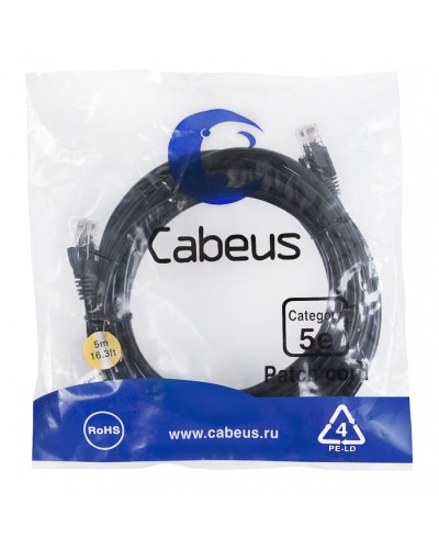 Патч-корд UTP, категория 5e, 5 м, неэкранированный, черный Cabeus PC-UTP-RJ45-Cat.5e-5m-BK в Балашихе Патчкорды (медные) Pintop.ru