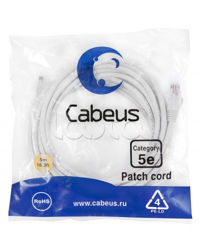 Патч-корд UTP, категория 5e, 5 м, неэкранированный, белый Cabeus PC-UTP-RJ45-Cat.5e-5m-WH в Балашихе Патчкорды (медные) Pintop.ru