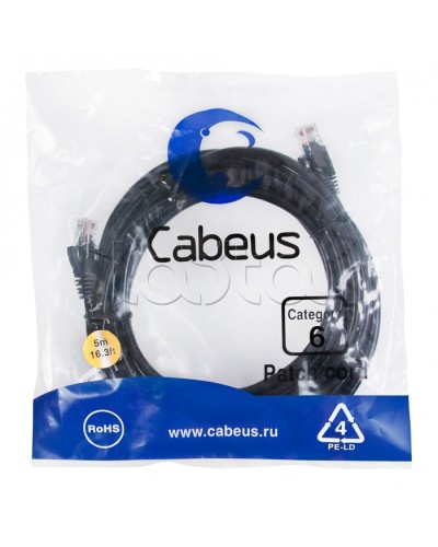 Патч-корд UTP, категория 6, 5 м, неэкранированный, черный Cabeus PC-UTP-RJ45-Cat.6-5m-BK в Балашихе Патчкорды (медные) Pintop.ru