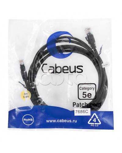 Патч-корд медный U/UTP кат.5е (3м) LSZH (черный) Cabeus (PC-UTP-RJ45-Cat.5e-3m-BK-LSZH) в Балашихе Патчкорды (медные) Pintop.ru