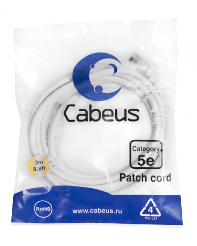 Патч-корд медный U/UTP категория 5е (3м) LSZH (белый) Cabeus (PC-UTP-RJ45-Cat.5e-3m-WH-LSZH) в Балашихе Патчкорды (медные) Pintop.ru
