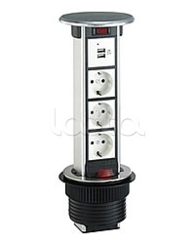 Блок розеточный встраеваемый в стол, 4 поста (45х45) IP54, с выключателем нагрузки (алюм+нерж.сталь) Экопласт 70334 в Балашихе Блоки розеток Pintop.ru